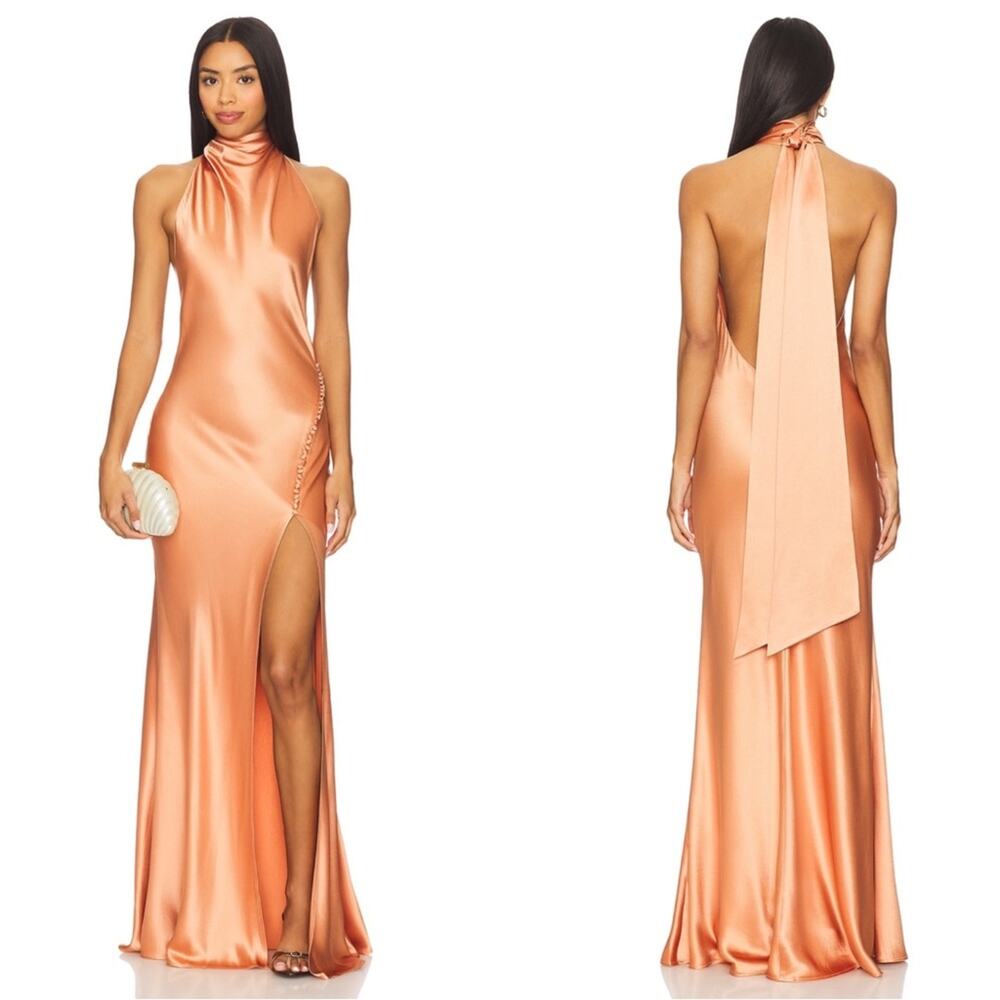 SAU LEE Penelope Halterneck Draped Open Back Terracotta Maxi Dress Size 8